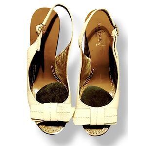 Kate Spade Off White Wedge Front Bow Peep Toe Slingback Leather Sandals 7.5M